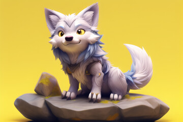 Cute 3D wolf sitting on a rock, 3D cartoon character, generated by AI