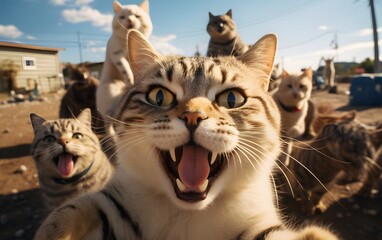 Funny cat and his friend taking a selfie. generative ai