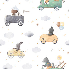 Seamless pattern transports with animals. Watercolor Background. Vintage cars. Beautiful pattern for a child's room. © bukhavets