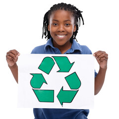 Isolated boy child, recycling poster and smile in portrait for protest, icon or ecology by...