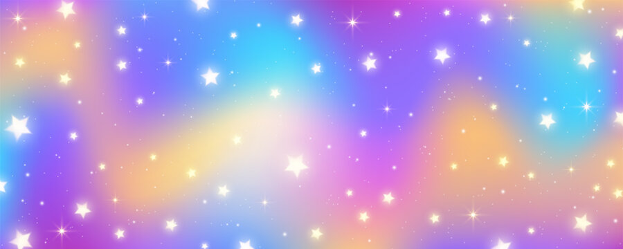 Unicorn rainbow background. Magic pastel gradient with glitter and stars. Cute holographic sky. Fairy fantasy wallpaper with iridescent texture. Vector cosmic illustration