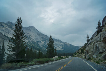 Naklejka premium Tioga pass road with scenic view of massive granite rock formation on cloudy mystical day in Yosemite National Park, California, USA. Driving through forest and valleys. Roadtrip, freedom seeking