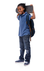 Happy black kid, portrait and skateboard of student isolated on a transparent png background. African school child, skating and smile to start exercise, workout or training for sports with board © Bharat Krunal/peopleimages.com