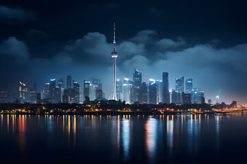 Obraz premium A panoramic view of a city skyline at night 