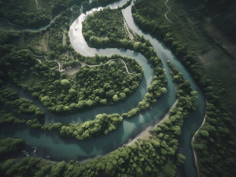 An aerial view of a winding river cutting through a dense forest generative ai
