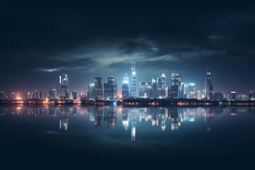 Fototapeta na wymiar A panoramic view of a city skyline at night 