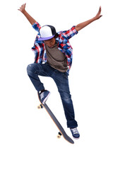 Teenager, skateboard and trick with a jump, flip and stunt with skill or urban fashion on isolated, transparent or png background. Cool, boy or kid skateboarding with gen z, streetwear and style © Bharat Krunal/peopleimages.com