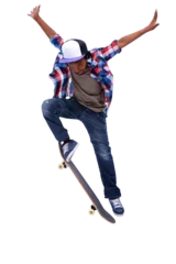 Foto op Aluminium Teenager, skateboard and trick with a jump, flip and stunt with skill or urban fashion on isolated, transparent or png background. Cool, boy or kid skateboarding with gen z, streetwear and style © Bharat Krunal/peopleimages.com