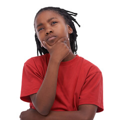 Thinking, idea and boy child model with a solution, question or thoughtful face expression. Focus,...