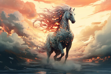 Obraz na płótnie Canvas Fairytale white horse with fiery mane in sky, fantasy animal illustration