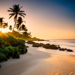 A beach illuminated by the sunset.
Generative AI