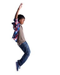 Talent, music and child hip hop dancer dancing isolated in a transparent or png background feeling excited with energy. Dance, African and boy kid with creative skill ready for breakdance performance