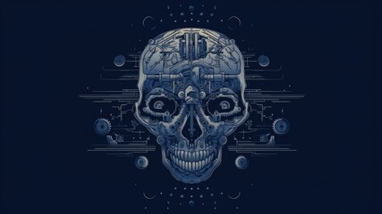Evil brain, blue skull with electronics in motion on a blue background with copy space for text