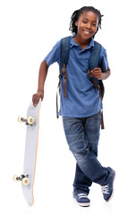 Portrait, black kid smile and skateboard of student isolated on a transparent png background. African school child, skating and happy to start exercise, workout or training with backpack for health © Bharat Krunal/peopleimages.com