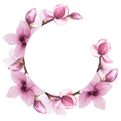 Floral round frame watercolor pink magnolias flowers, buds and leaves. Hand painted Illustration