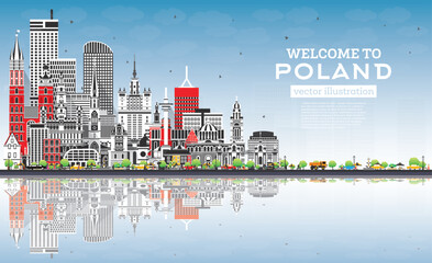 Poland City Skyline with Gray Buildings, Blue Sky and Reflections.