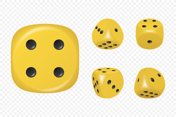 Vector 3d Realistic Yellow Game Dice with Black Dots Set in Different Positions Isolated. Gambling Games Design, Casino, Poker, Tabletop, Board Games. Realistic Cubes, Random Numbers, Rounded Edges
