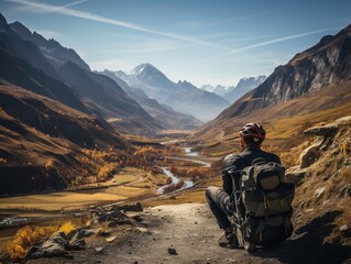 A cyclist taking a break on a scenic mountain road generative ai