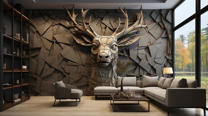3d interior mural painting wall art decor wallpaper for home living room. 3d modern stereo deer animal with abstract geometric crack stone wall. Generative AI