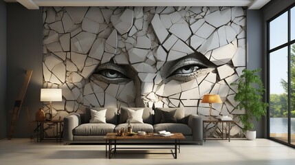 3d interior mural painting wall art decor wallpaper for home living room. 3d modern stereo deer animal with abstract geometric crack stone wall. Generative AI