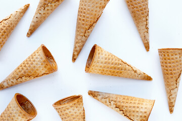 Empty ice cream cone on white background.