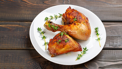 roasted chicken leg quarters with crispy golden brown skin with fresh green thyme leaves on white plate on dark wooden boards, view from above