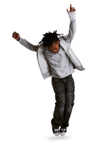 Energy, dancing and child with casual style for hip hop performance and motivation. Fashion, youth and an African boy kid isolated on a transparent, png background moving to music with confidence