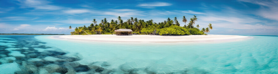Naklejka premium Panoramic view of a small island paradise with white sand, palm trees and crystal clear water. Generative AI