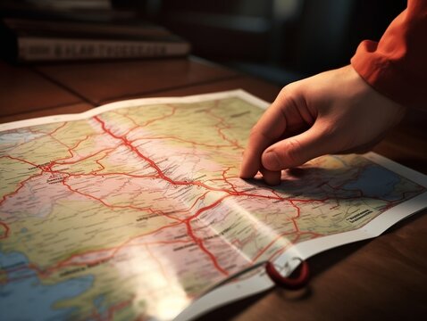 A close-up of a hand holding a map with a highlighted route generative ai