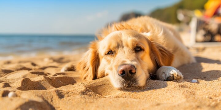 A dog lying on the sand. Generative AI image