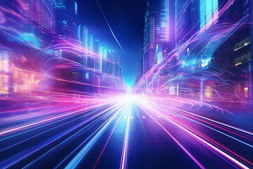  Neon lights on city streets, futuristic technology transformation. Cinematic, purple neon lighting. Generative AI content.