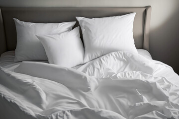 "Generative AI Messy Bed: Creative White Bedding Sheets and Pillow Background" - Adobe Stock