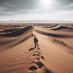 Fototapeta na wymiar A panoramic shot of a vast desert landscape with a lone traveler trekking through the sand generative ai