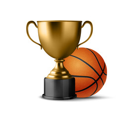 Realistic Vector 3d Blank Golden Champion Cup Icon wirh Basketball Set Closeup Isolated on White. Design Template of Championship Trophy. Sport Tournament Award, Gold Winner Cup and Victory Concept