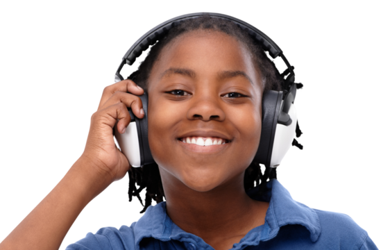 Headphones, music and portrait of African kid listening to audio or radio isolated in a transparent or png background. Smile, happy and young child or boy with sound, podcast or song for happiness