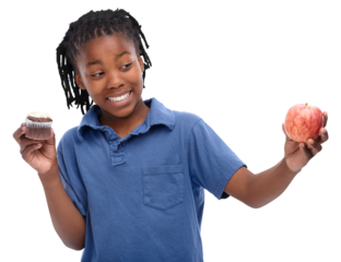 Apple, cupcake and child with choice between healthy food or junk and nutrition on isolated, transparent or png background. African, kid or boy with decision in diet of fruit or chocolate dessert