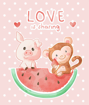 love slogan cute animal friends and watermelon illustration