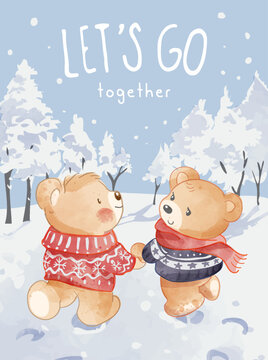 together slogan with cartoon lovely bear couple illustration