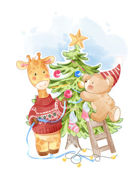 cute cartoon animal decorating Christmas tree illustration
