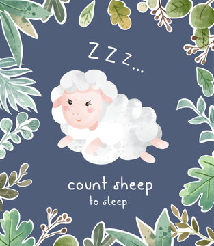 cute cartoon sheep jumping with leaf frame border illustration