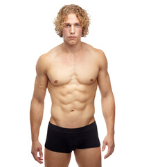 Fototapeta premium Portrait, muscle and body of man in underwear isolated on a transparent png background. Abs, serious and strong model or athlete with health, fitness and bodybuilder workout or sports in Switzerland