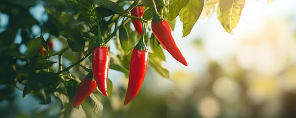 Fotobehang Chilli pepper on the tree, vegetable growing in organic farm. generative ai © alexanderuhrin