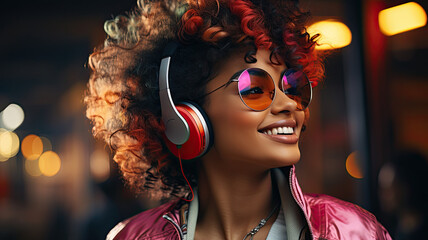 Happy cool fashion funky African young black hipster lady wears trendy glasses wireless headphones...