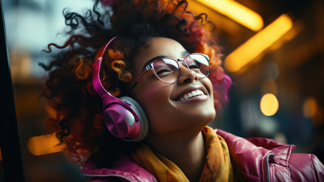 Happy cool fashion funky African young black hipster lady wears trendy glasses wireless headphones listening dance pop dj music standing in neon night club.generative ai