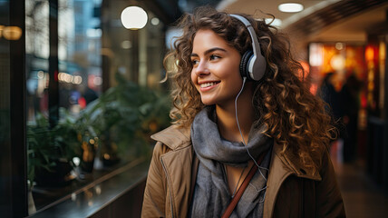Fototapeta na wymiar Happy young woman holding mobile phone enjoying music listening through wireless headphones on footpath.generative ai