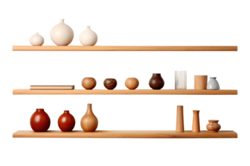 Wood shelf multipurpose such as bookshelf and vase show isolated on transparent background.for home interior design in minimalist style. Generative Ai

