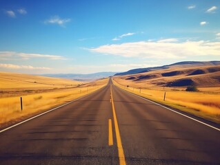 An open road disappearing into the horizon, capturing the sense of endless possibilities during the midpoint of a road trip generative ai