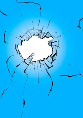 Close-up of a hole with cracks in a broken window. The effect of the destruction of glass by a shot from a weapon.