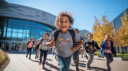 Obraz premium photograph of Enthusiastic school kids running toward science center entrance.generative ai