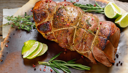 Sunday roasted pork tenderloin, juicy and succulent oven-baked piece of meat rubbed with mustard...
